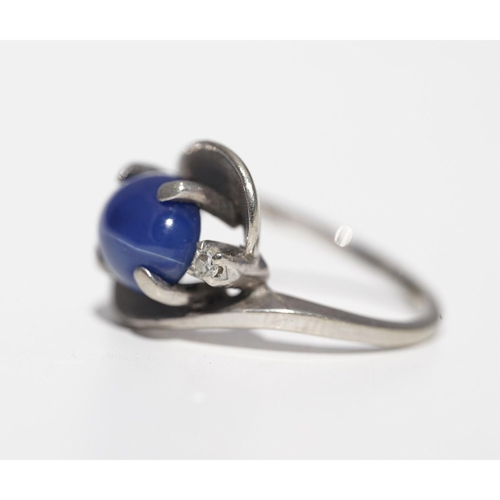 Vintage 14k Solid White Gold Blue Star Sapphire & Diamond Ring - Round - Picture 8 of 9